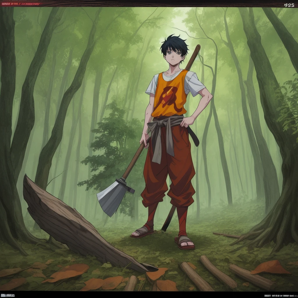 There is a page of comics,A boy holding a hammer,Chopping wood in the forest,Full-color comic book visual style, award winning manga style, Otaku from the Ganges, Official Art, Color comic scans, Anime cute art style,Eye-catching comic book art style, Color comic panels, Epic anime style