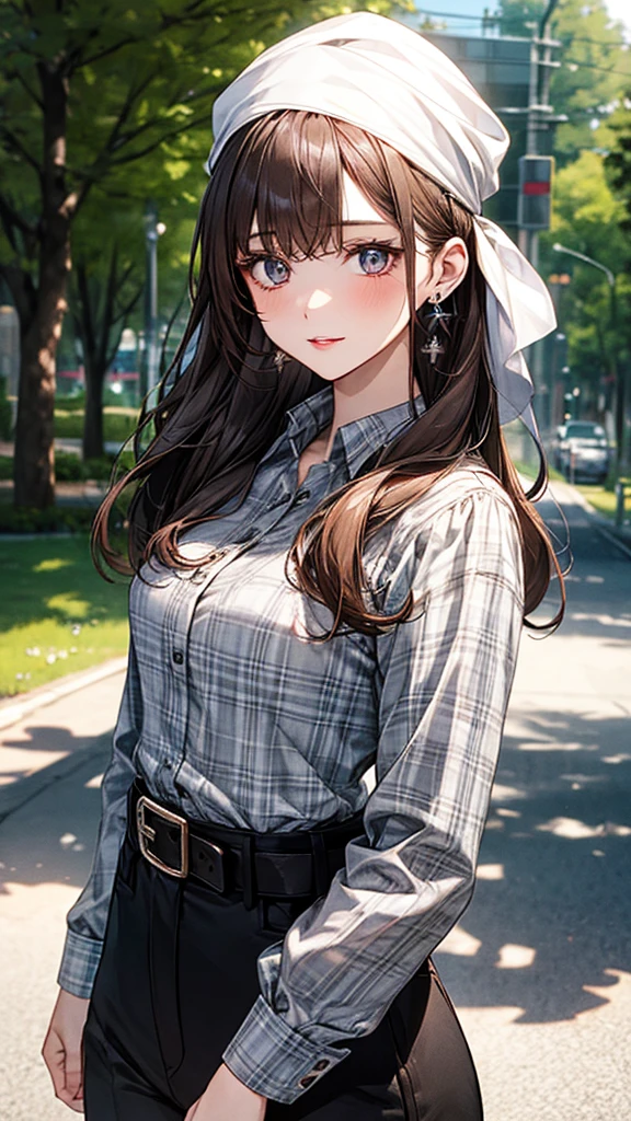 1girl, solo, long hair, breasts, looking at viewer, bangs, medium breasts, skin, colored eyes, gray shirt, plaid shirt, long sleeves, black pants, brown belt, bandana on head,
Cowgirl outfit, Avellaneus hair, light lips, jewelry and earrings, outdoors, trees,