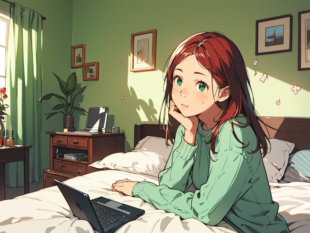 (absurdres, highres, ultra detailed), 1 girl, 20-year-old woman, black skin, plump lips, short woman, cute and delicate. Red hair, freckles on her face, her breasts are small, completely innocent face, full body, she is inside room and sitting on the bed, she is wearing a large green sweater and no pants on. Laptop visible on the bed. Green eyes.