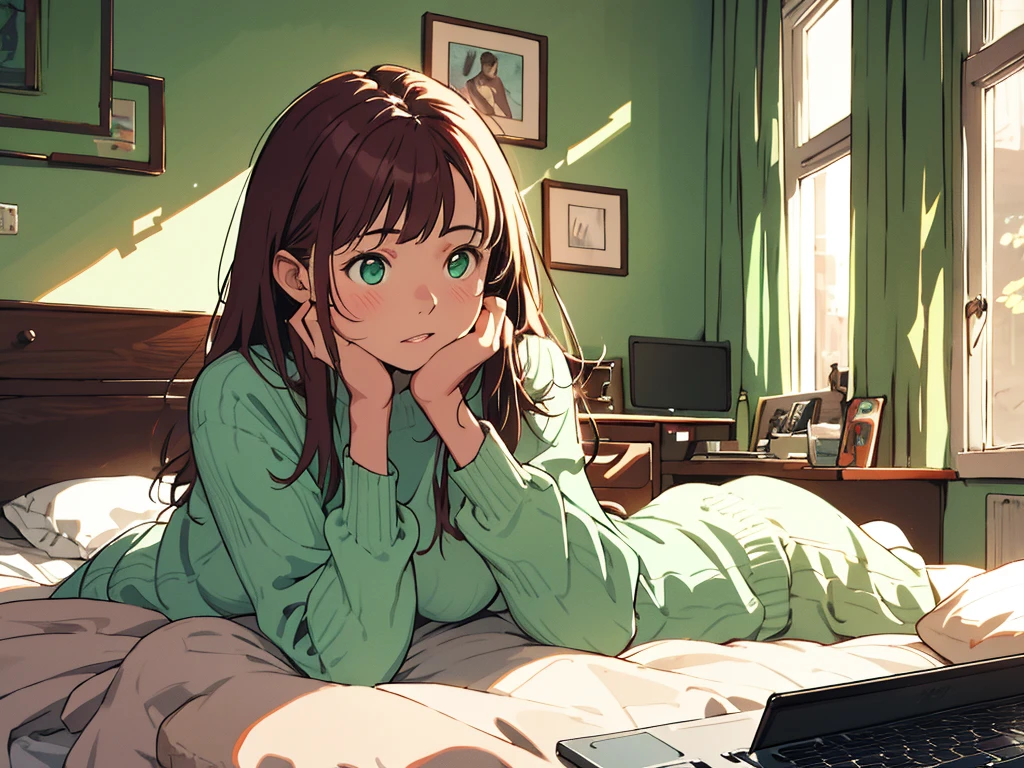 (absurdres, highres, ultra detailed), 1 girl, 20-year-old woman, black skin, plump lips, short woman, cute and delicate. Red hair, freckles on her face, her breasts are small, completely innocent face, full body, she is inside room and sitting on the bed, she is wearing a large green sweater and no pants on. Laptop visible on the bed. Green eyes.