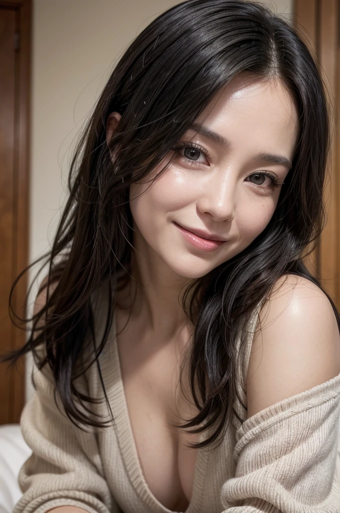 40 years old woman, pretty, Bblack hair, few wrinkles, glad, with a gorgeous smile