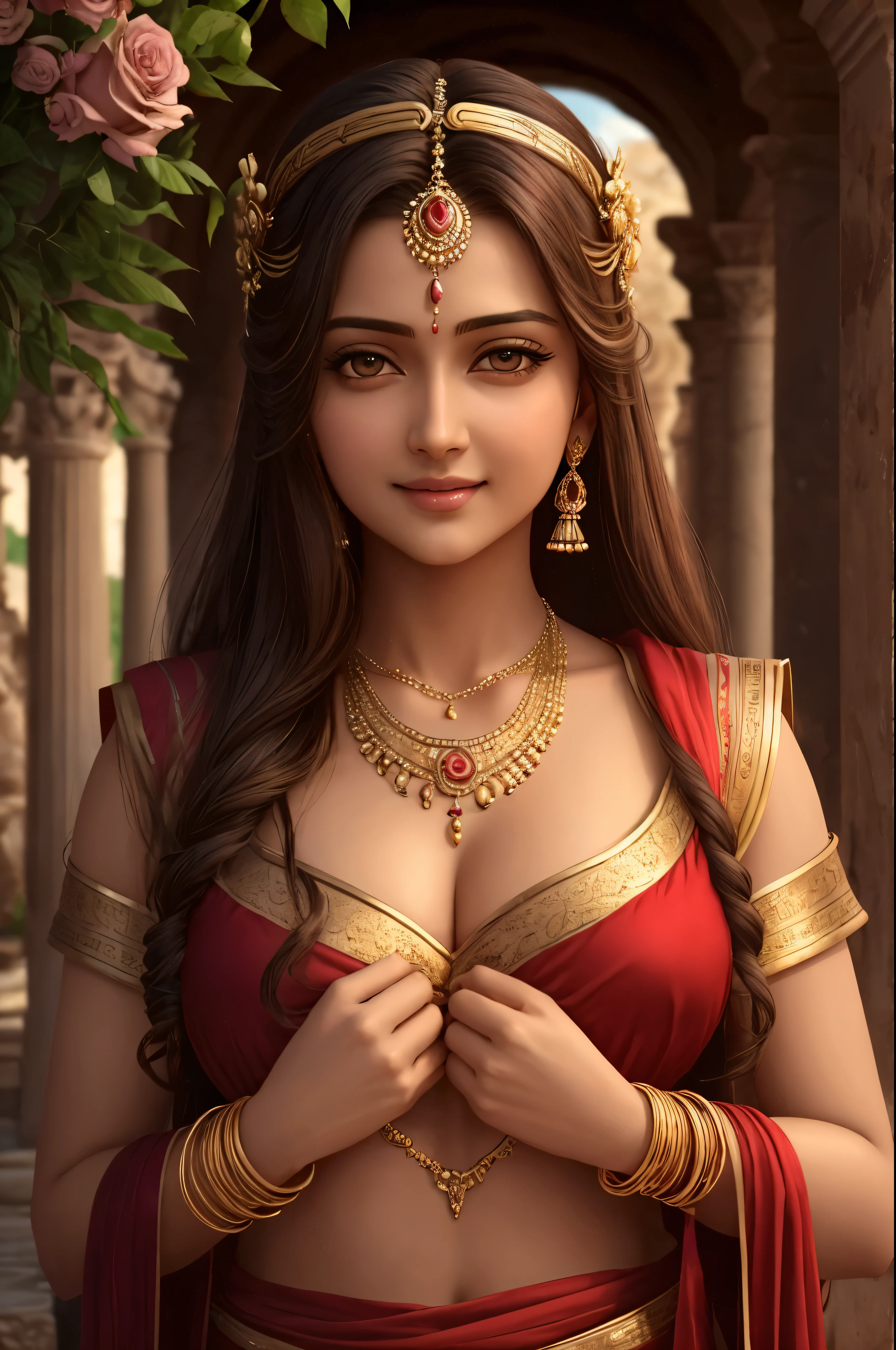 Looks like Anushka Shetty, goddess of love and lust, with brown hair and brown eyes, is glossy-skinned, looks gorgeous and attractive, is smiling sensual and cruel, wears crimson greek toga, puts on jeweled golden ornaments, circlet, necklace, bangles, bracelets, ancient cyprus island, ancient greek garden, pigeons, roses, Greek mythology, sensual atmosphere, photorealistic, super high quality, super detail, ultra-accurate and precise description of hands, masterpiece, 8K, HDR