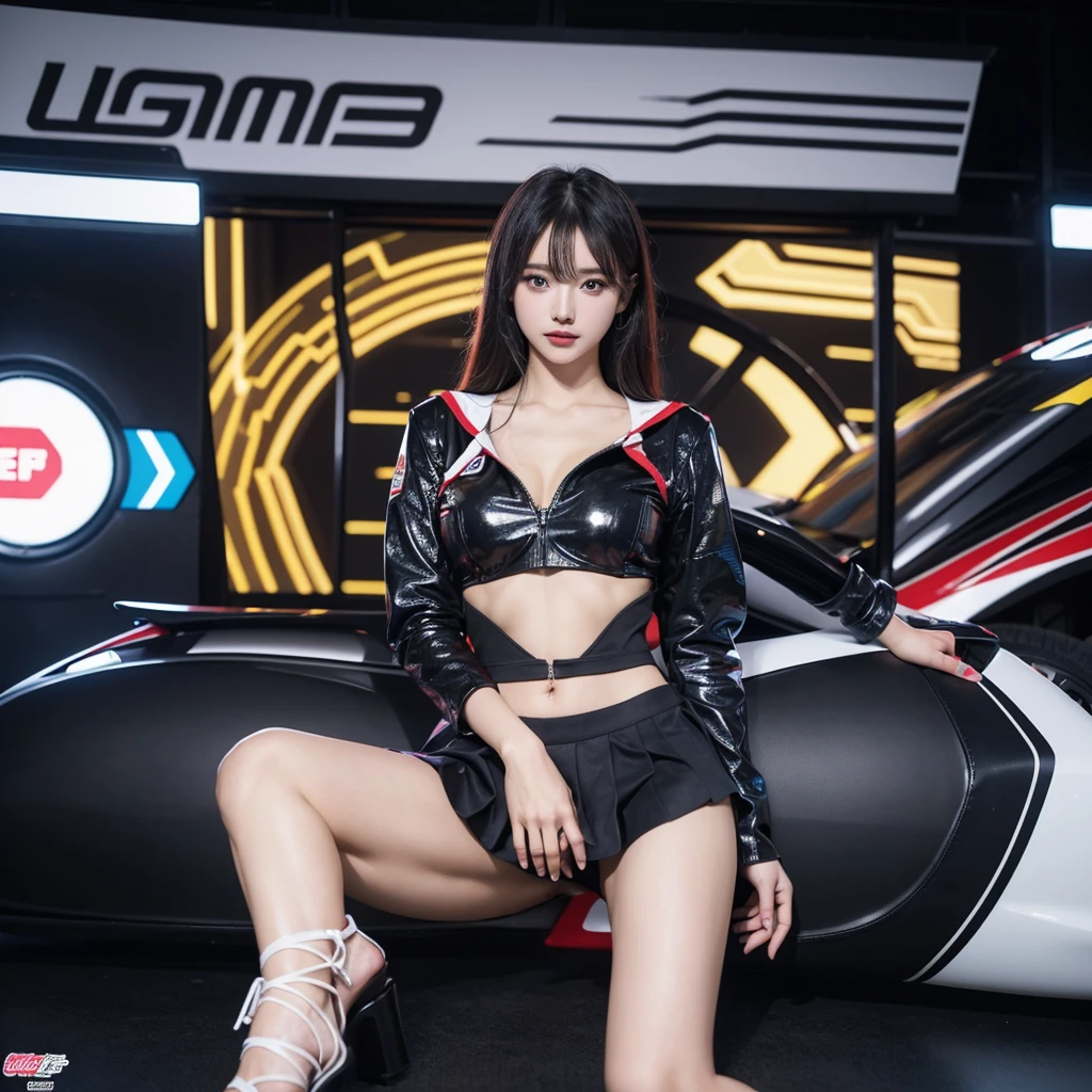 Super detailed photos、Detailed face、Lip gloss、Cool woman、Colorful costumes、F1 Driver Cosplay、Colorful costumes、Clothing with company logo、Grid Girlsのカラフルで派手な衣装、Grid Girls、Perfect Face、Paddock Girls、Harem、motor Show、tights、Bodycon Costumes、Grid Girls、Russia、Grid Girlsのコスプレ、belly button、Pleated skirt、Bodycon Costumes、Legs open pose、Spread your legs to show your crotch