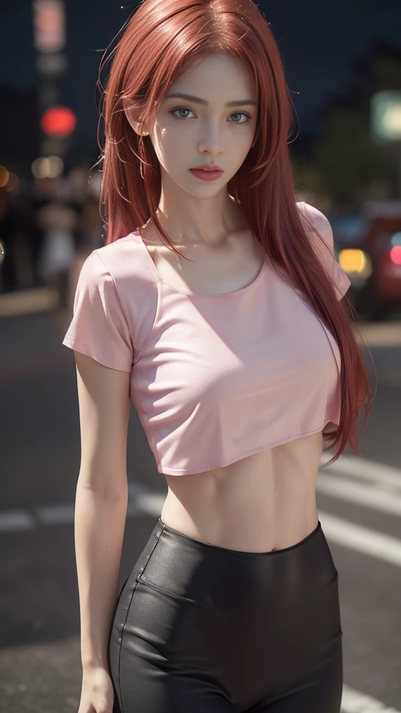 ((Realistic lighting, best quality, 8K, masterpiece: 1.3)), Be focused: 1.2, 1 girl, Perfect body: 1.4, Slim abdominal muscles: 1.1, see through, Tight clothing, ((Red hair)), (: 1.4), (Pink cropped top: 1.4), (outdoor, night: 1.1), City Streets, Very delicate face, Beautiful eyes, Double eyelids,