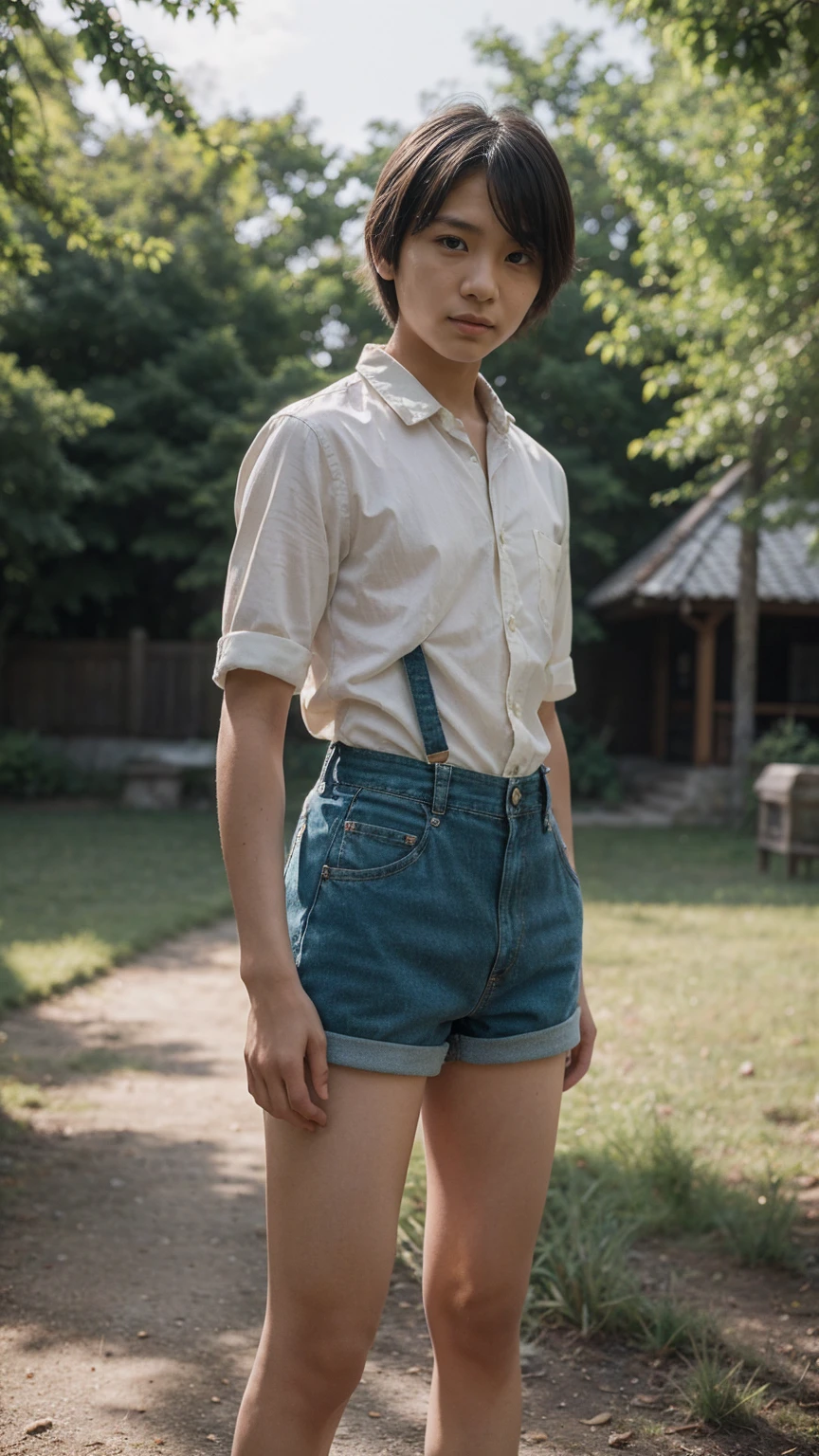 A young Japanese boy, around 12 years old, stands under the bright sunlight during an artistic cinema-themed outdoor photo shoot. He wears vintage attire: a light-colored button-down shirt, suspenders, and knee-length shorts. His neat hairstyle, side-parted, and his focused yet innocent expression are beautifully highlighted by the natural sunlight. The background features green trees and a clear blue sky, with the camera capturing a level, straight-on portrait. This image blends the timeless art of cinema with the vividness of nature. --style raw --ar 16:9 --v 6.0
