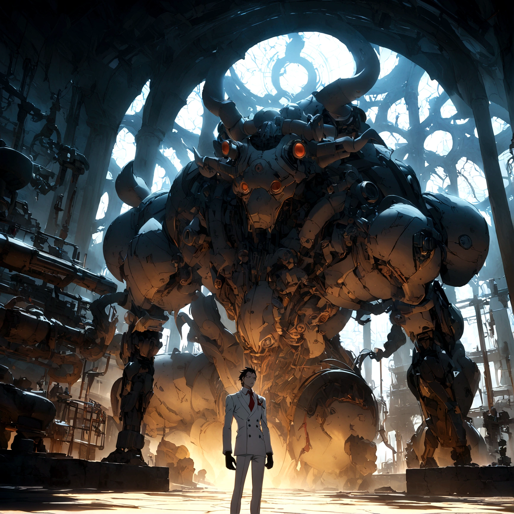 Young man, slim body, long hair, white suit, red tie, sunglasses, goatee, black gloves, serious expression, white mechanical arms, laboratory background, One Piece-inspired anime lines, drenched in dramatic and incredible lighting, dramatic lighting, infused with creative details, ultra-fine 2D design, scenery bathed in creativity, bathed in creativity, boasting HD anime resolution clarity, HD anime graphics, high-octane rendering