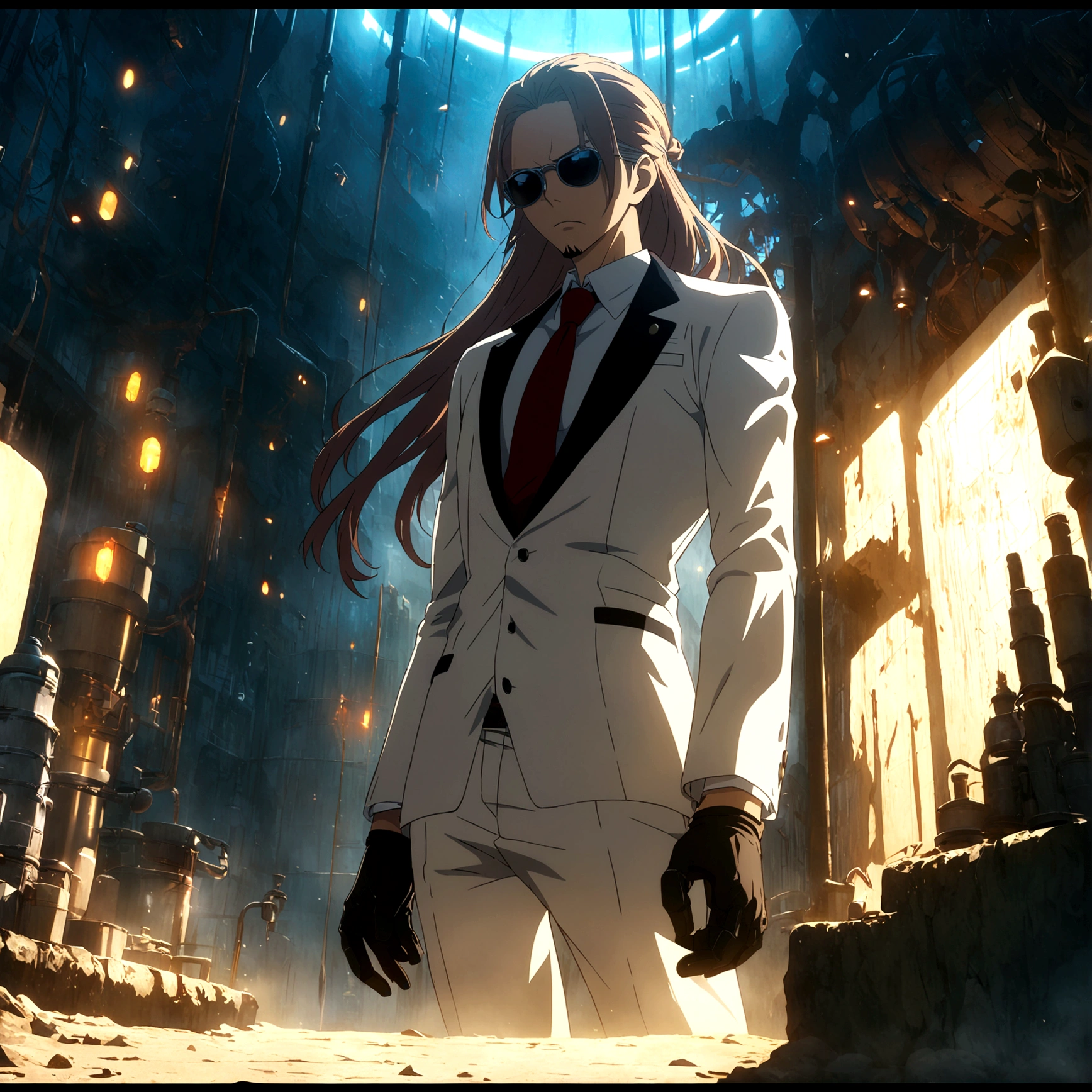 Young man, slim body, long hair, white suit, red tie, sunglasses, goatee, black gloves, serious expression, white mechanical arms, laboratory background, One Piece-inspired anime lines, drenched in dramatic and incredible lighting, dramatic lighting, infused with creative details, ultra-fine 2D design, scenery bathed in creativity, bathed in creativity, boasting HD anime resolution clarity, HD anime graphics, high-octane rendering