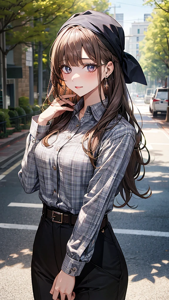 1girl, solo, long hair, breasts, looking at viewer, bangs, medium breasts, skin, colored eyes, gray shirt, plaid shirt, long sleeves, black pants, brown belt, bandana on head,
Cowgirl outfit, Avellaneus hair, light lips, jewelry and earrings, outdoors, trees,