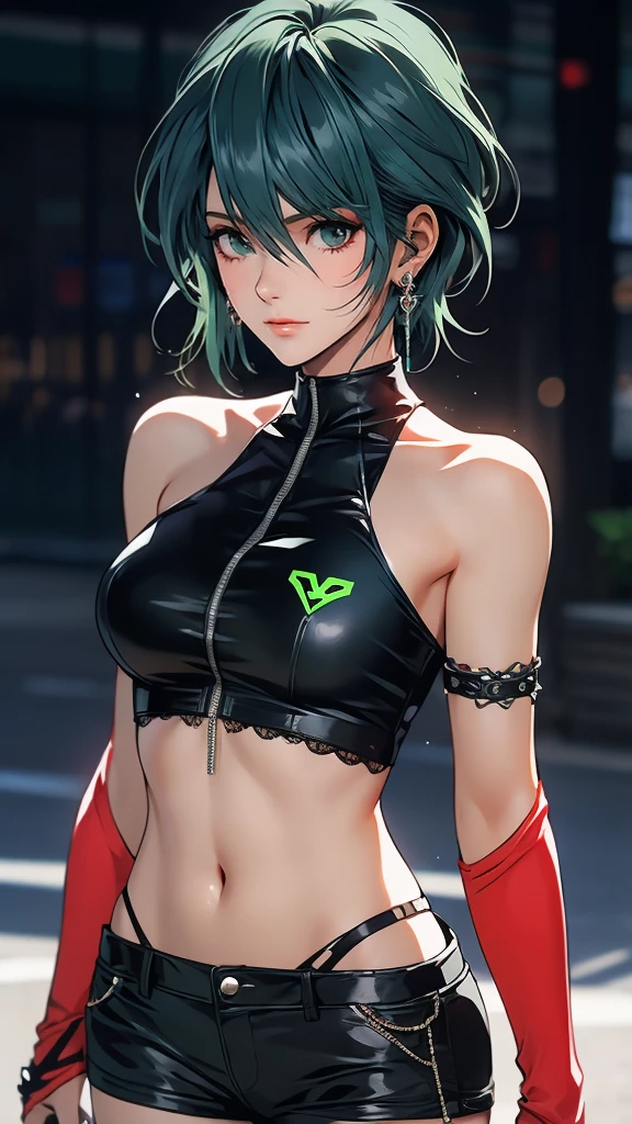 1 Female, Tamaki, green short hair, hair between eyes, (detailed eyes:1.3), Punk Fashion, (boyish:0.9), cowboy shot, Lots of earrings