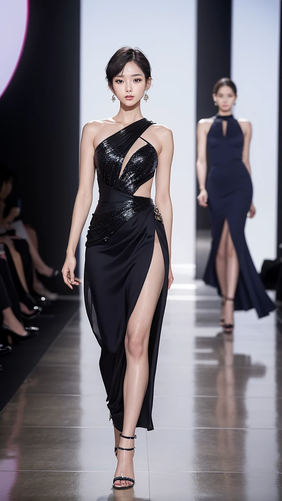 Korean woman, very beautiful, Perfect face, Very short hair, She is a model,Walk the catwalk in luxurious clothes from Paris Fashion Week, wearing expensive earrings, Perfect full body, She is being photographed