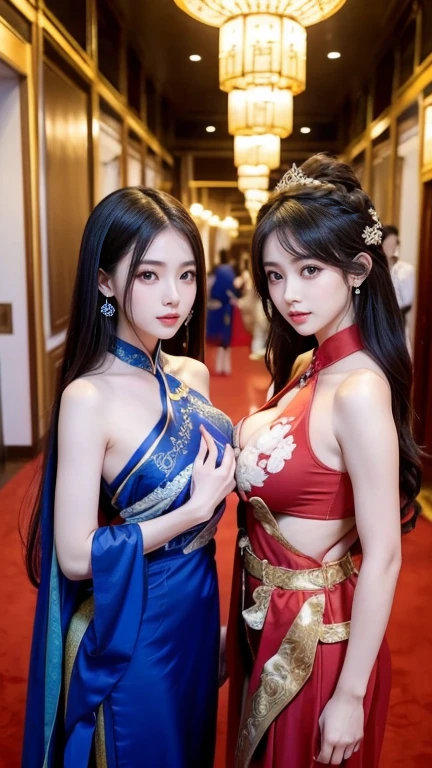(((Two Chinese beauties)))、((Standing side by side))、((Angle of view from the side))、((Look this way))、((The beautiful woman on the right is wearing a bright red outfit))、(((The beauty on the left is wearing a royal blue outfit.)))、((Two beautiful women in different colored costumes))、21 years old、(Very heavy makeup:1.2)、(Slanted Eyes:1.3)、(long narrow eyes:1.3)、Shiny Hair、Glowing Skin、Very white skin、Jet Black Hair、Straight long hairstyle、Big eyes、Double eyelids、Luxury Chinese palace、(Standing in the palace corridor)、(Golden luxurious hair ornament)、(Patterned costume of a Chinese queen)、Luxurious and gorgeous、(huge breast:1.3)、(Exposed Skin:1.4)、(Smile with your mouth closed)、((Angle of view from chest up))、((right side girl brilliant red))、((left side girl royal blue))