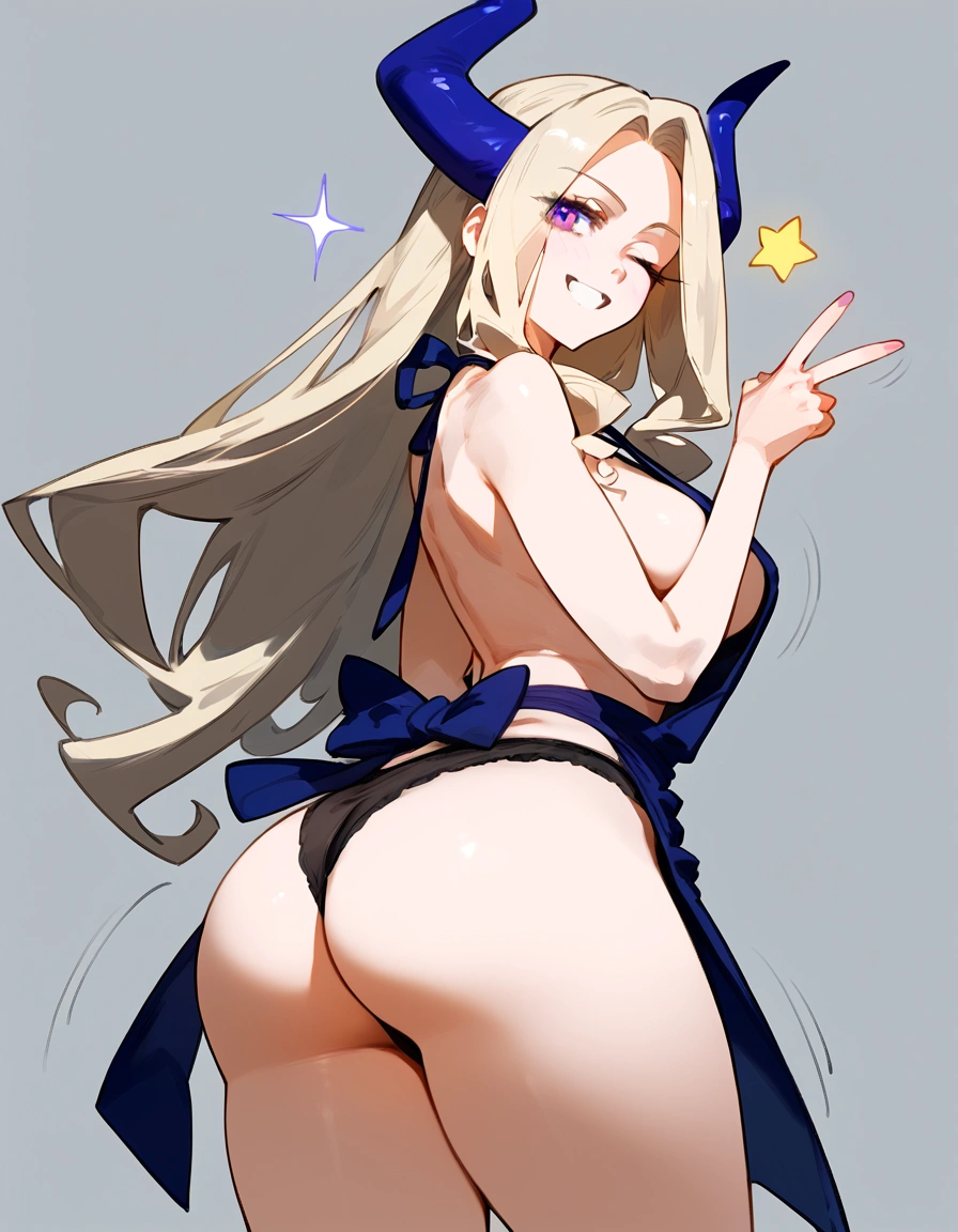 anime artwork, score_9, score_8_up, score_7_up, score_6_up, score_5_up, score_4_up, Mount Lady, blonde hair, purple eyes, big breasts, she is 24 years old, style_3, , , , grey background, apron, naked, side , ass, V, solo, smile, arched back, stars, wink, motion lines, in black panties,