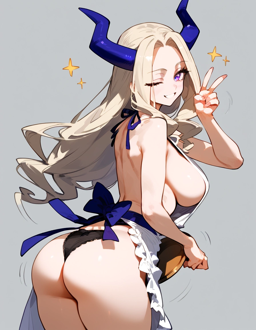 anime artwork, score_9, score_8_up, score_7_up, score_6_up, score_5_up, score_4_up, Mount Lady, blonde hair, purple eyes, big breasts, she is 24 years old, style_3, , , , grey background, apron, naked, side , ass, V, solo, smile, arched back, stars,  wink, motion lines, in black panties, 