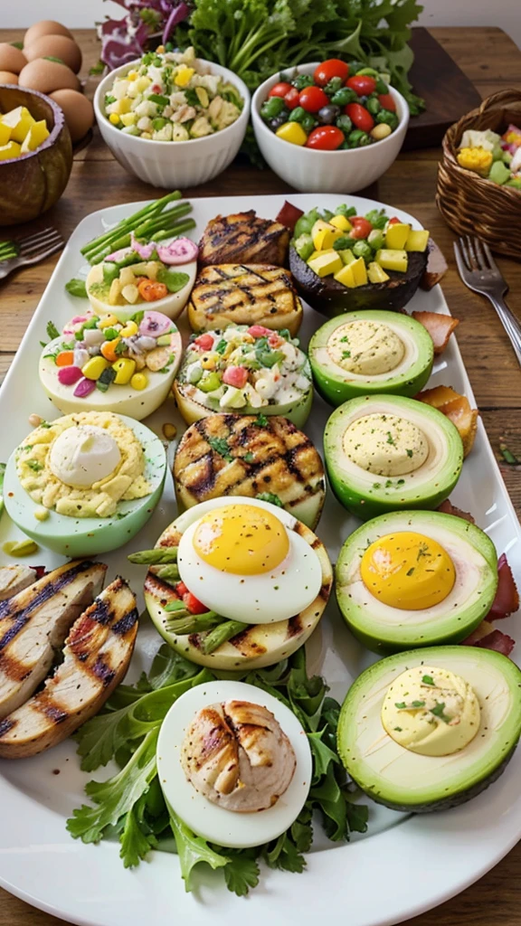 Colorful and Varied Keto Lunch Platter: A beautifully arranged platter with various keto-friendly foods, such as avocado, bacon-wrapped asparagus, deviled eggs, colorful salads, and grilled chicken. The vibrant colors and variety will catch the viewer’s eye.