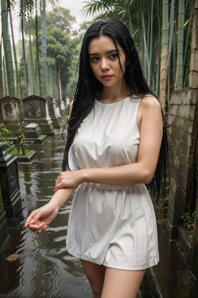 Masterpiece , best quality , ultra high res , 4k , hyper realistic ,photorealistic , Pov of hand hold hand of 1 girl, 30 years old , half body , plump ,beautiful face, stand on road, wearing long Thin white dress, very long black hair. background of wet road, bamboo tree, cemetery , spooky atmosphere,