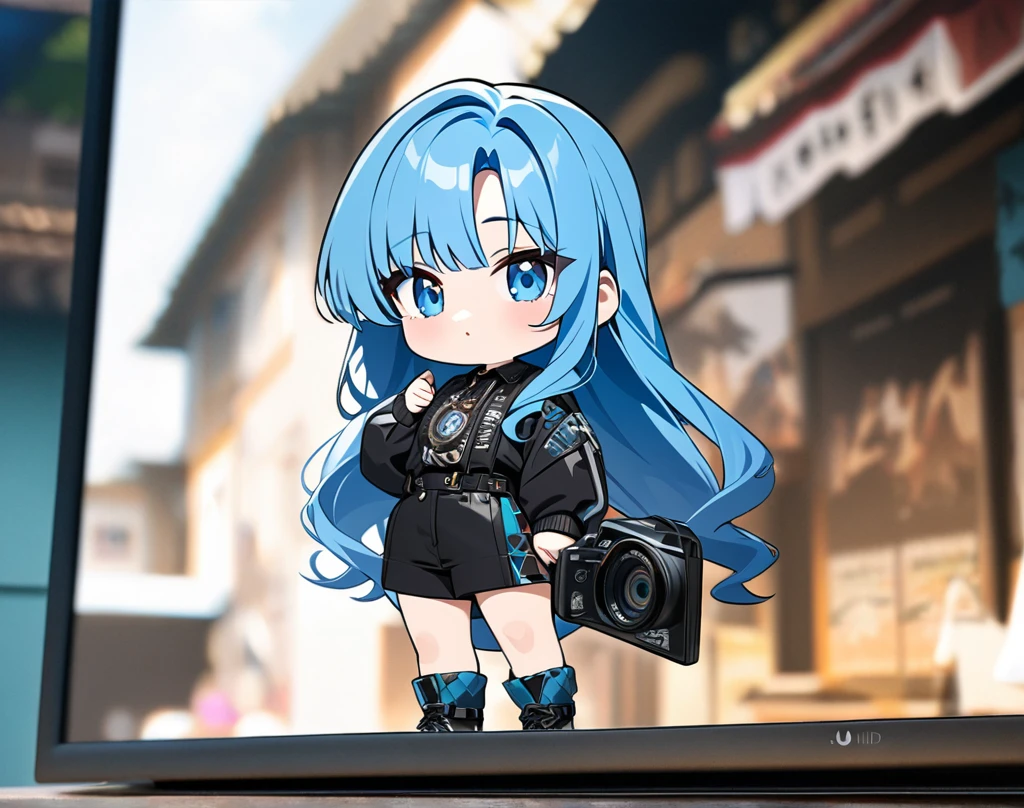(masterpiece), best quality, ultra-detailed, 1024k UHD wallpaper, ultra-high resolution, depth of field, HDR, (extremely detailed CG 1024k wallpaper), Detailed face, Detailed Clothes, Ultra HD Photo, 1girl, long silky hair, 90's style, medium blue hair, blue eyes, holding a sign saying (yofan club) name in background, chibi, (newest anime art style)