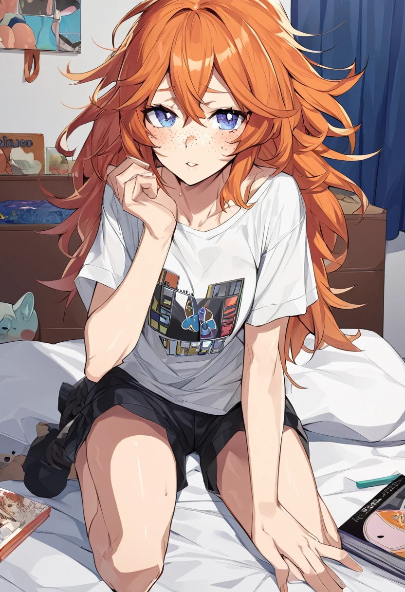 Adult female, long orange hair, messy hair, perfect eyes, perfect silver irises, perfect pupils, freckles baggy shirt, shorts, comfy clothes, messy bedroom, otaku bedroom, highly detailed, best detail, best hands