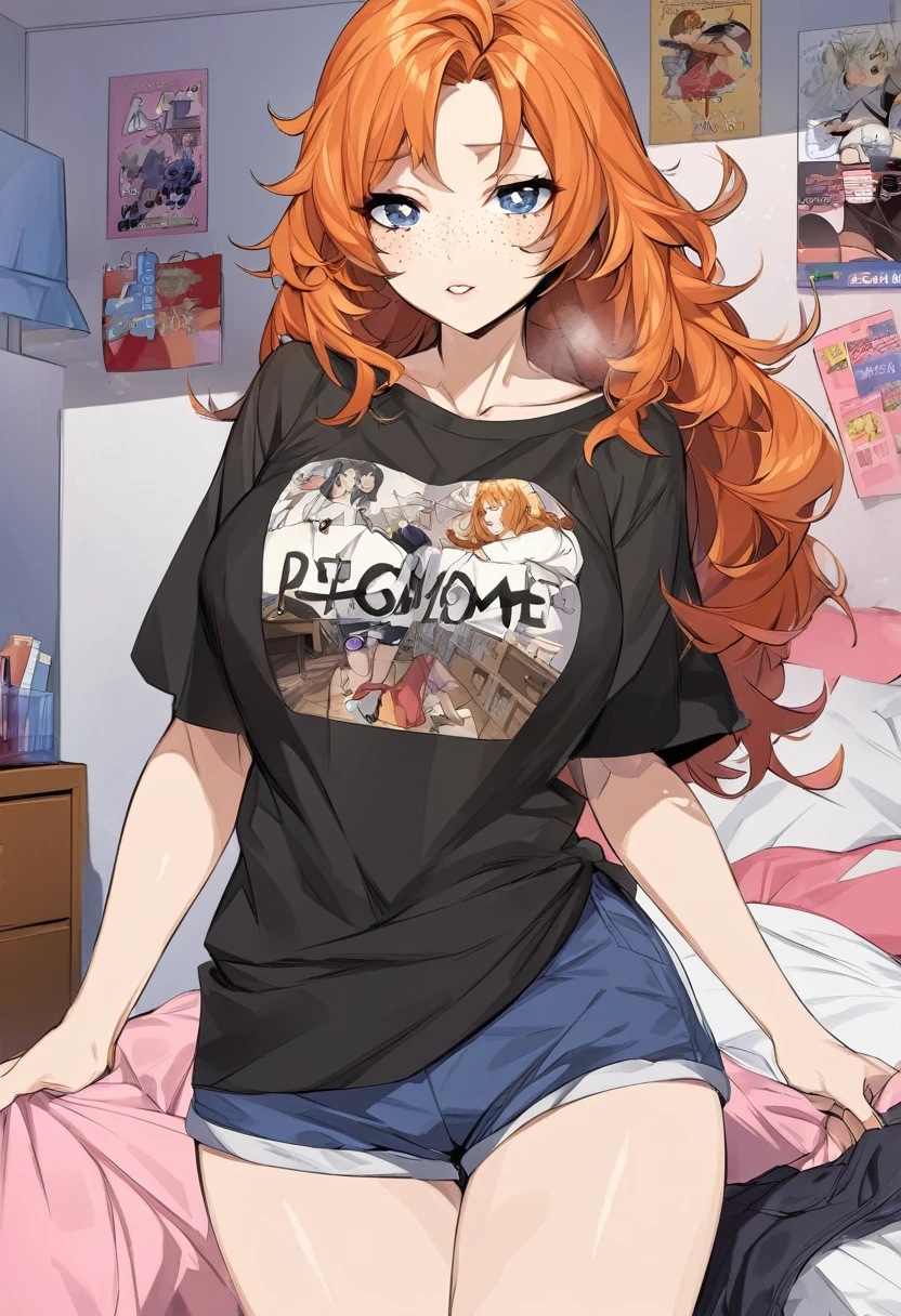 Adult female, long orange hair, messy hair, perfect eyes, perfect silver irises, perfect pupils, freckles baggy shirt, shorts, messy bedroom, otaku bedroom, highly detailed, best detail, best hands