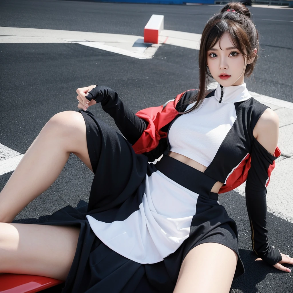 Super detailed photos、Detailed face、Lip gloss、Cool woman、Colorful costumes、F1 Driver Cosplay、Colorful costumes、Clothing with company logo、Grid Girlsのカラフルで派手な衣装、Grid Girls、Perfect Face、Paddock Girls、Harem、motor Show、tights、Bodycon Costumes、Grid Girls、Russia、Grid Girlsのコスプレ、belly button、Pleated skirt、Bodycon Costumes、Legs open pose、Spread your legs to show your crotch
