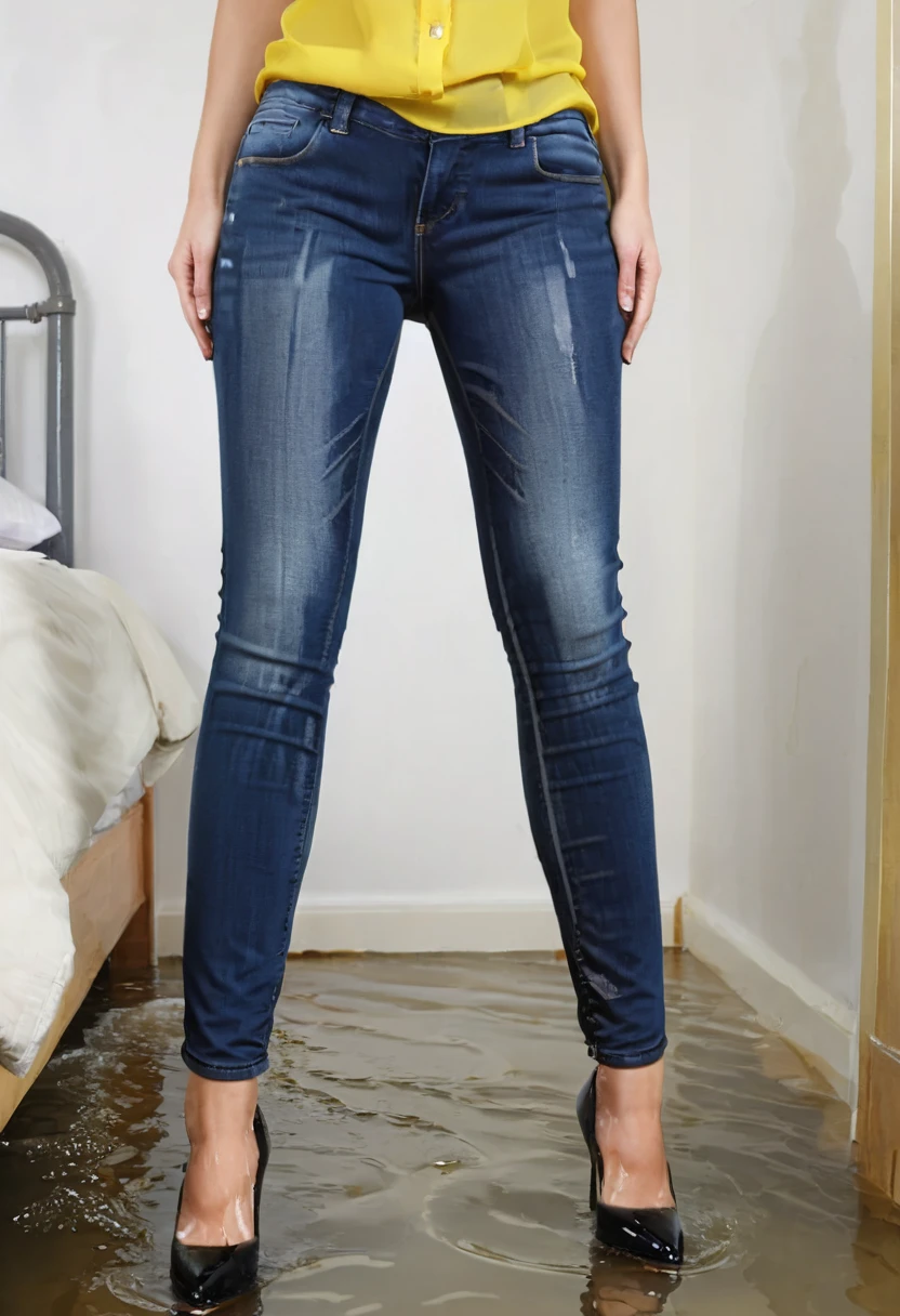 two attractive blonde woman, skinny jeans, high heel pumps, work blouse, standing in a bedroom, wetting, big smile, pee stains are gleaming wet, pee run down legs, shoes flooded with pee, show heels, (((head in frame:1.4))), lower legs of jeans soaking wet, a stream of pee flows between their legs