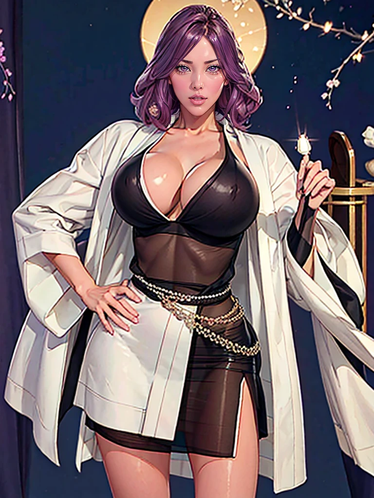 （（（Perfect figure，figure，solo， （（（white coat, black robes，japanese clothes，kimono））），（（（hikifune kirio, purple hair，lipstick，makeup））），((masterpiece)),high resolution, ((Best quality at best))，masterpiece，quality，Best quality，（（（ Exquisite facial features，Looking at the audience,There is light in the eyes，(（（Lol，confidence））)，））），型figure:1.7））），（（（Light and shadow，Huge breasts））），（（（Looking at the camera，black background，）））