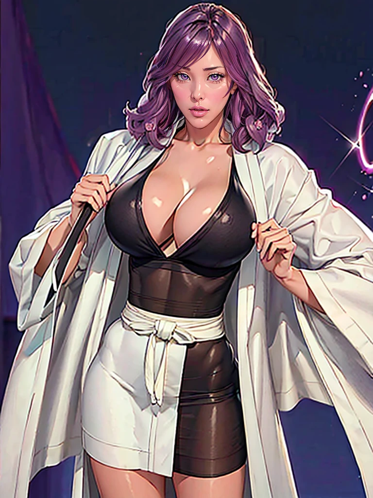 （（（Perfect figure，figure，solo， （（（white coat, black robes，japanese clothes，kimono））），（（（hikifune kirio, purple hair，lipstick，makeup））），((masterpiece)),high resolution, ((Best quality at best))，masterpiece，quality，Best quality，（（（ Exquisite facial features，Looking at the audience,There is light in the eyes，(（（Lol，confidence））)，））），型figure:1.7））），（（（Light and shadow，Huge breasts））），（（（Looking at the camera，black background，）））