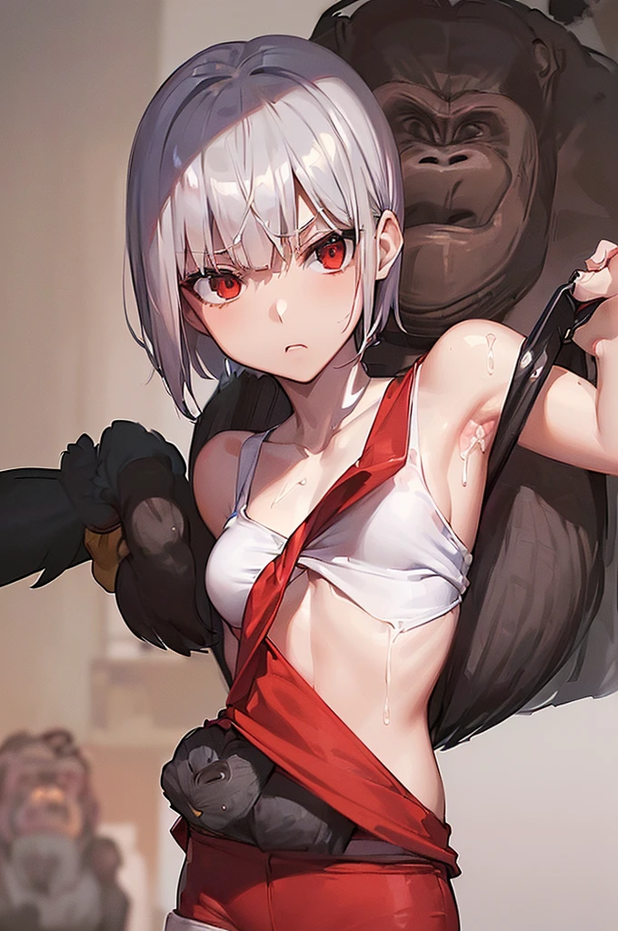 masterpiece, best quality,anime style, 1 girl,(((slender body))), (((small breast))),(((hot pants, white tanktop,red tie))),(((((a gorilla man grabbing the girl))))), ((((restrained, arms behind back)))),((((cum)))), (beautiful face), (((short hair))), (((straight hair))), ((((silver hair)))),detailed beautiful skin, (perfect hands, perfect anatomy)