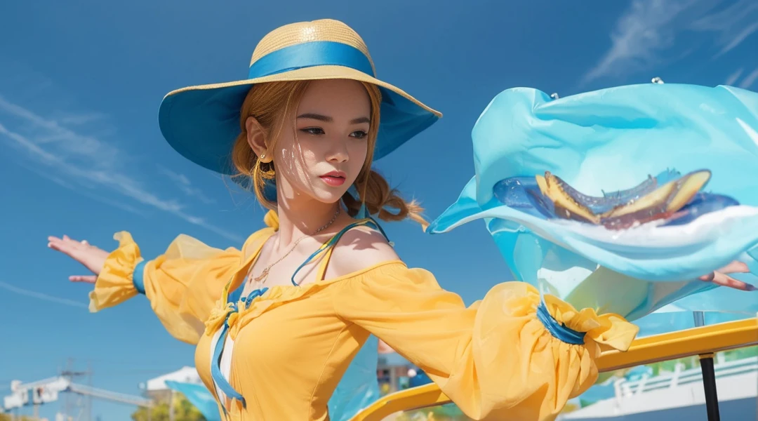 a close up of a woman in a yellow dress and a blue hat, style artgerm, ! dream artgerm, extremely detailed artgerm, artgerm detailed, ig model | artgerm, artgerm style, artgerm. high detail, style of artgerm, splash art anime , like artgerm