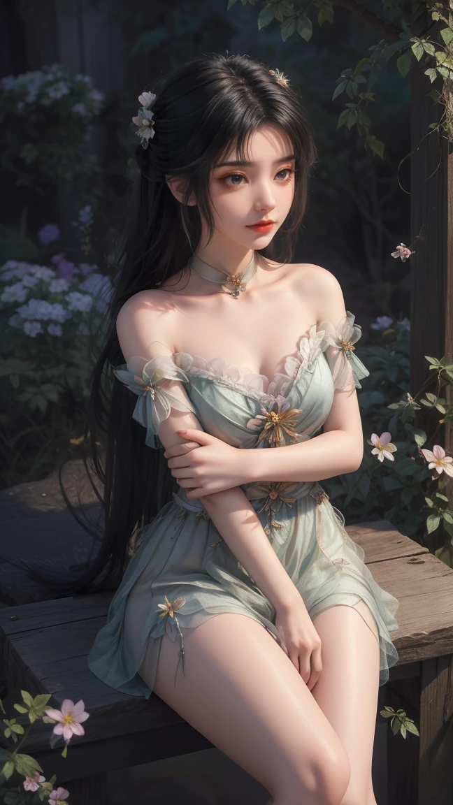 1girl, girl with long black hair, smiling, cheerful, girl is sitting among a wide expanse of flowers, surrounded by beautiful flowers, Calm and peaceful atmosphere, night, moonlight , Beautiful glowing butterflies surround the girl lighting up the darkness of the night, magic,Romantic, the night breeze blows the Sepoi Sepoi girl's hair, 