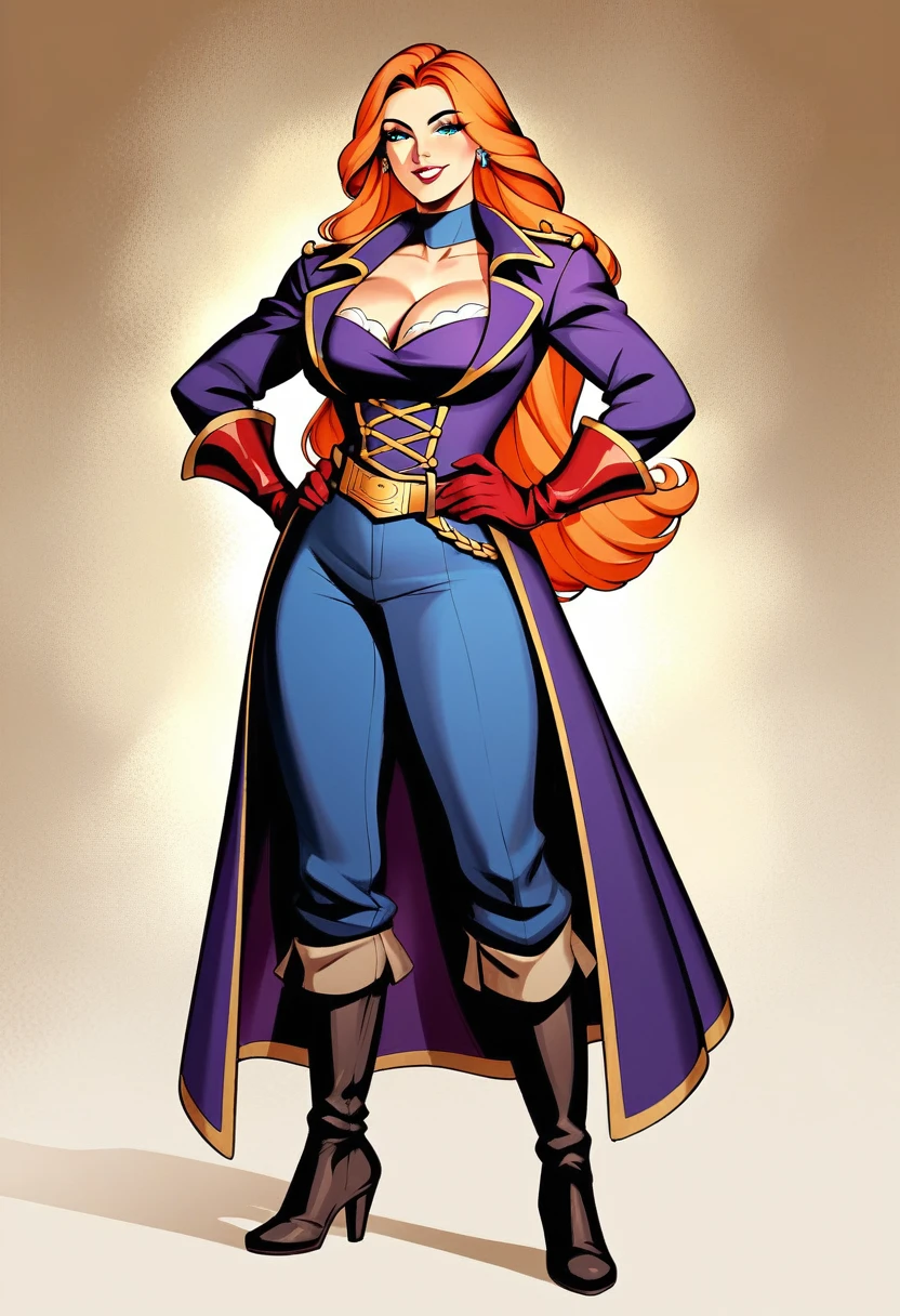 A beautiful woman with long flowing orange hair, exquisite facial features, A playful smile, confident eyes, A tall figure, a two-piece costume-style pirate coat, yellow as main color, complemented by red details, long wrist protection gloves on hands, a golden belt at the waist with a short hem, leather pants, Knee-high boots, standing with hands on hips in front of a medieval-style fantasy port tavern, This character embodies a finely crafted anime-style fantasy-style female pirate, exquisite and mature manga art style, High definition, best qualityer, high resolution, ultra detali, ultra-fine painting, extremely delicate, proffesional, anatomically correcte, symmetrical face, extremely detailed eye and face, high quality eyes, creativity, CRU photo, ultra HD, 8K, naturallight, cinematic lighting, work of art-anatomy-perfect, work of art:1.5