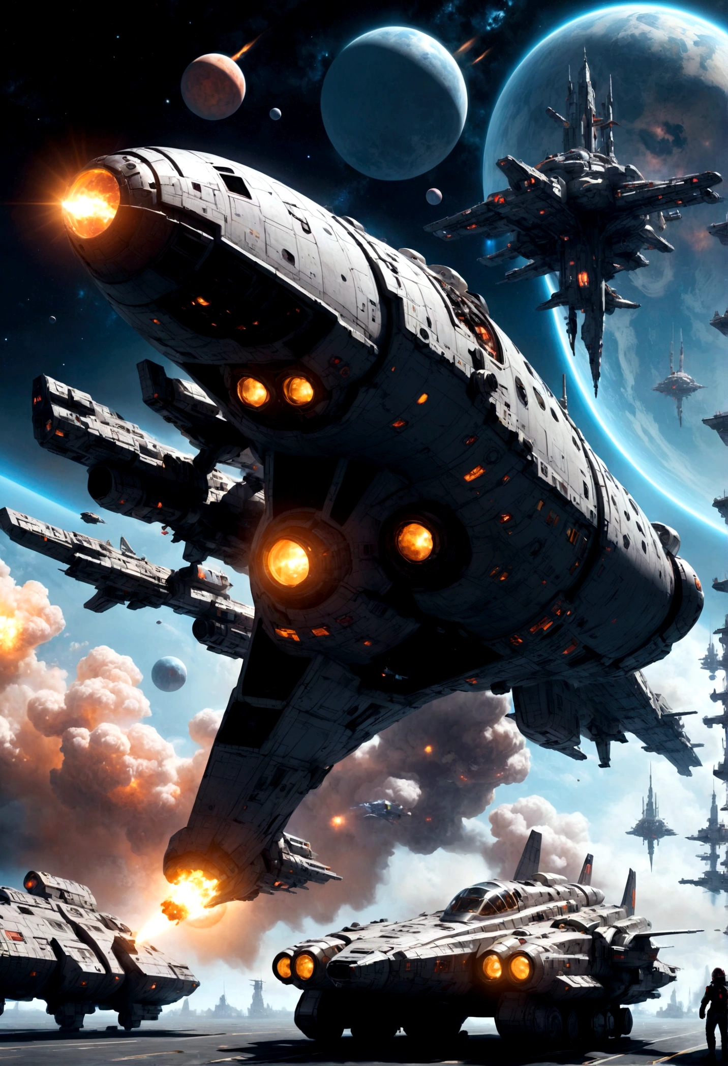 Space War, high quality, space pirates fleet attacking a giant imperial space station :: futuristic space combat, space combat, spaceships, space station, a supernova in the background, explosions, lasers, dogfight, space armada, space battle, outer space, sci-fi, by Ivan Laliashvili, concept art, environment concept art, best of artstation, cgsociety, rule of thirds, asymmetrical composition, cinematic lighting, cinematic shot, oil on canvas, clean strokes, 8k resolution, highly detailed, masterpiece, best quality, very aesthetic, absurdres