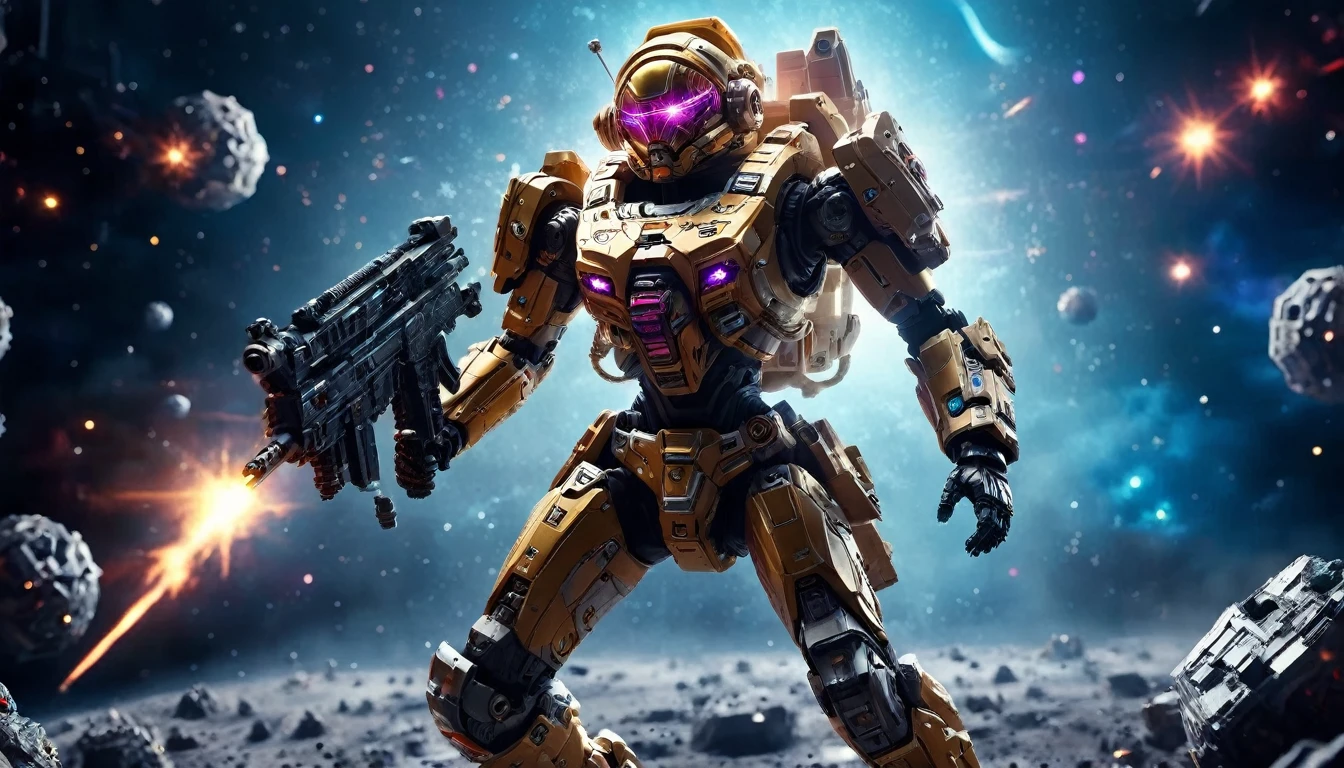 a female mech warrior in battle on a moon in space, full body shot, action shot, a tough and beautiful female mech warrior, short blond hair, dynamic eye color, intent gaze, ultra detailed face, best detailed face, she wears mech armor, and massive sci-fi gun, in battle, outer space background, stars, vibrant, Ultra-high resolution, High Contrast, (masterpiece:1.5), highest quality, Best aesthetics), best details, best quality, highres, (ultra wide angle: 1.2), 16k, ultra detailed, masterpiece, best quality, (extremely detailed),aetherpunkai, Mechanical Creatures, assault rifle