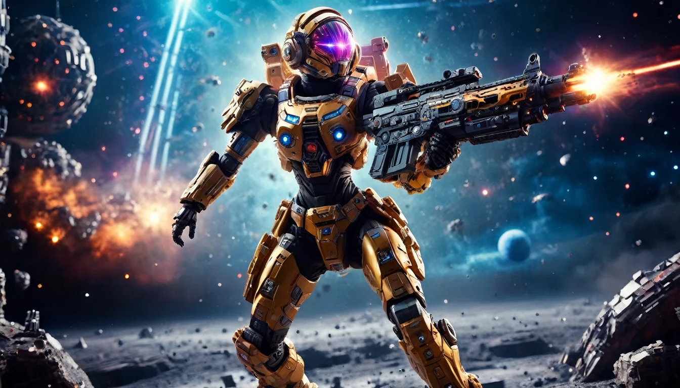 a female mech warrior in battle on a moon in space, full body shot, action shot, a tough and beautiful female mech warrior, short blond hair, dynamic eye color, intent gaze, ultra detailed face, best detailed face, she wears mech armor, and massive sci-fi gun, in battle, outer space background, stars, vibrant, Ultra-high resolution, High Contrast, (masterpiece:1.5), highest quality, Best aesthetics), best details, best quality, highres, (ultra wide angle: 1.2), 16k, ultra detailed, masterpiece, best quality, (extremely detailed),aetherpunkai, Mechanical Creatures, assault rifle
