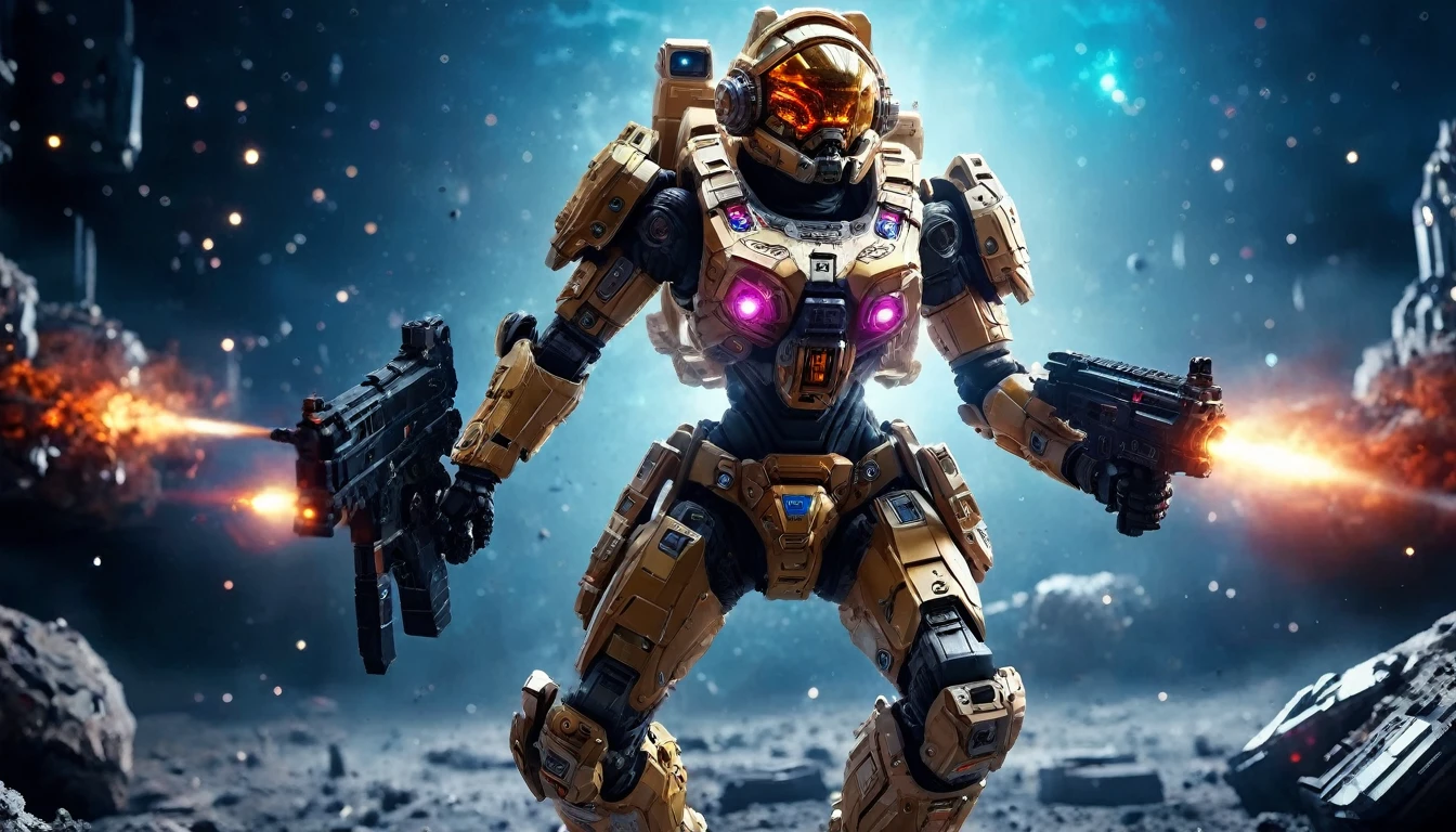 a female mech warrior in battle on a moon in space, full body shot, action shot, a tough and beautiful female mech warrior, short blond hair, dynamic eye color, intent gaze, ultra detailed face, best detailed face, she wears mech armor, and massive sci-fi gun, in battle, outer space background, stars, vibrant, Ultra-high resolution, High Contrast, (masterpiece:1.5), highest quality, Best aesthetics), best details, best quality, highres, (ultra wide angle: 1.2), 16k, ultra detailed, masterpiece, best quality, (extremely detailed),aetherpunkai, Mechanical Creatures, assault rifle