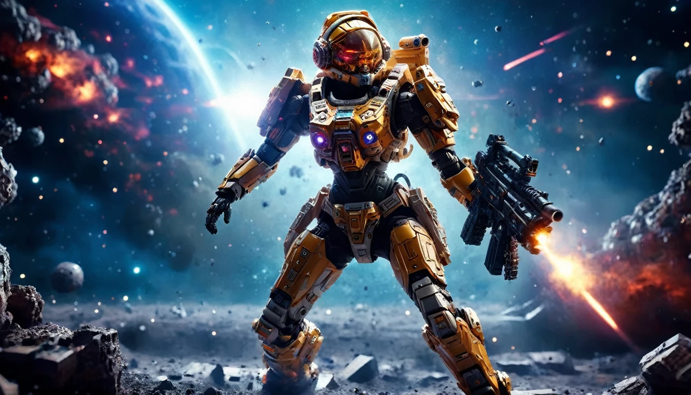 a female mech warrior in battle on a moon in space, full body shot, action shot, a tough and beautiful female mech warrior, short blond hair, dynamic eye color, intent gaze, ultra detailed face, best detailed face, she wears mech armor, and massive sci-fi gun, in battle, outer space background, stars, vibrant, Ultra-high resolution, High Contrast, (masterpiece:1.5), highest quality, Best aesthetics), best details, best quality, highres, (ultra wide angle: 1.2), 16k, ultra detailed, masterpiece, best quality, (extremely detailed),aetherpunkai, Mechanical Creatures, assault rifle