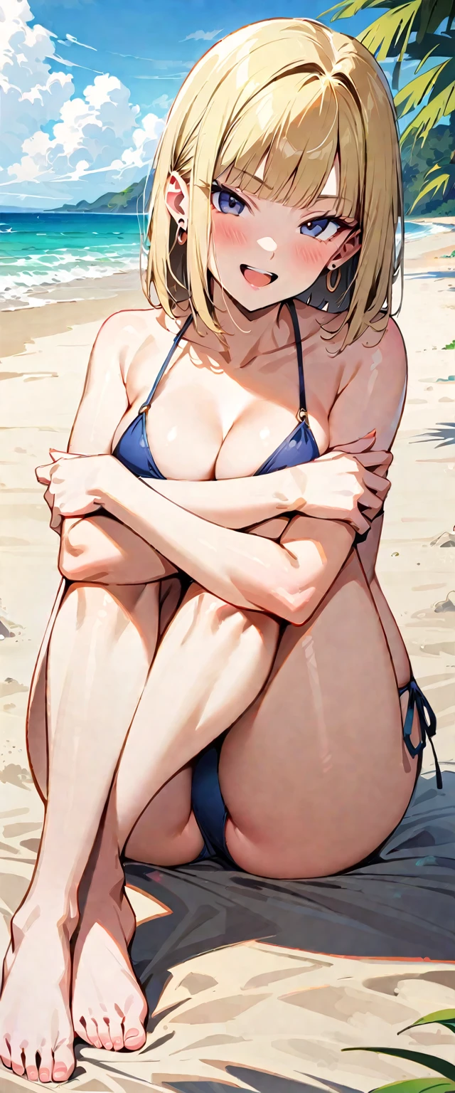 (masterpiece, best quality:1.2), (solo), Android 18 from Dragon Ball, 20s, ((string bikini, navy bikini)), sitting, medium breasts, blunt bangs, short blonde hair, (black eyes), earrings on earlobes, slender feminine figure, skinny body, blush, sky, magnificent view, blur background, 4K, open mouth, beach, side-tie bikini bottom, smile, Sandy Beach, highleg bikini, barefoot, facing viewer, knees up, beautiful butt, (front view,) (hugging own legs), (crossed arms), side boob, cleavage, open legs, front side,