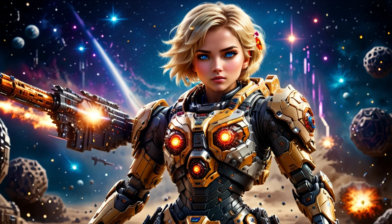 a female mech warrior in battle on a moon in space, full body shot, action shot, a tough and beautiful female mech warrior, short blond hair, dynamic eye color, intent gaze, ultra detailed face, best detailed face, she wears mech armor, and massive sci-fi gun, in battle, outer space background, stars, vibrant, Ultra-high resolution, High Contrast, (masterpiece:1.5), highest quality, Best aesthetics), best details, best quality, highres, (ultra wide angle: 1.2), 16k, ultra detailed, masterpiece, best quality, (extremely detailed),aetherpunkai, Mechanical Creatures, assault rifle