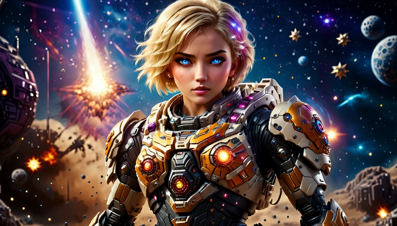 a female mech warrior in battle on a moon in space, full body shot, action shot, a tough and beautiful female mech warrior, short blond hair, dynamic eye color, intent gaze, ultra detailed face, best detailed face, she wears mech armor, and massive sci-fi gun, in battle, outer space background, stars, vibrant, Ultra-high resolution, High Contrast, (masterpiece:1.5), highest quality, Best aesthetics), best details, best quality, highres, (ultra wide angle: 1.2), 16k, ultra detailed, masterpiece, best quality, (extremely detailed),aetherpunkai, Mechanical Creatures, assault rifle