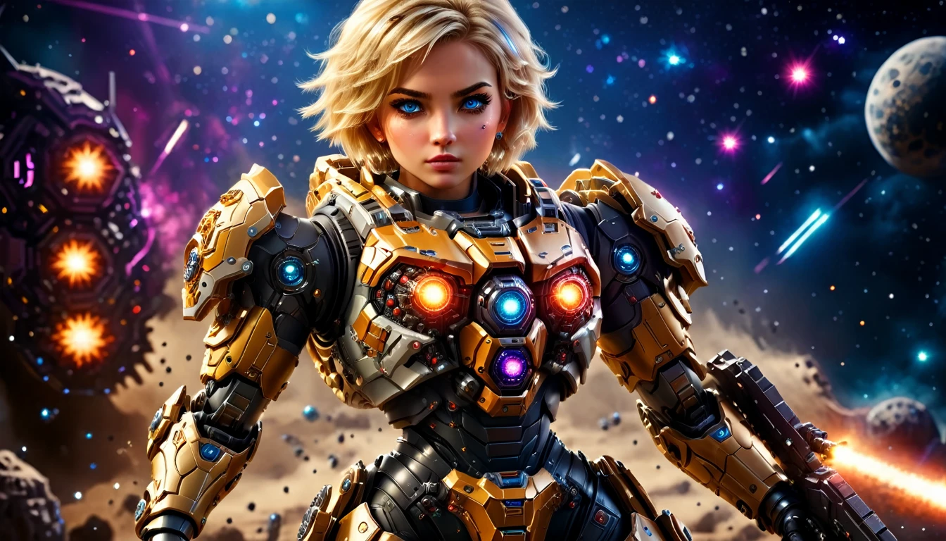 a female mech warrior in battle on a moon in space, full body shot, action shot, a tough and beautiful female mech warrior, short blond hair, dynamic eye color, intent gaze, ultra detailed face, best detailed face, she wears mech armor, and massive sci-fi gun, in battle, outer space background, stars, vibrant, Ultra-high resolution, High Contrast, (masterpiece:1.5), highest quality, Best aesthetics), best details, best quality, highres, (ultra wide angle: 1.2), 16k, ultra detailed, masterpiece, best quality, (extremely detailed),aetherpunkai, Mechanical Creatures, assault rifle