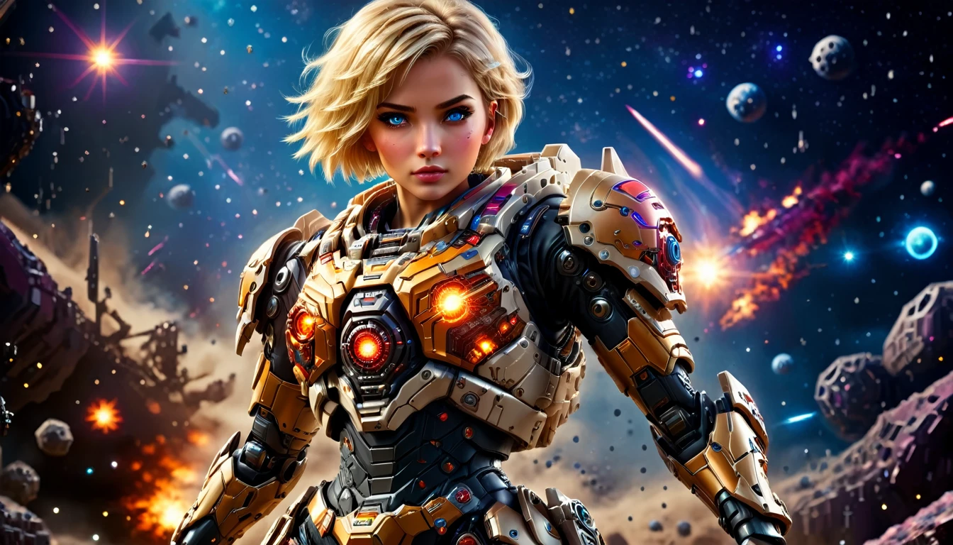 a female mech warrior in battle on a moon in space, full body shot, action shot, a tough and beautiful female mech warrior, short blond hair, dynamic eye color, intent gaze, ultra detailed face, best detailed face, she wears mech armor, and massive sci-fi gun, in battle, outer space background, stars, vibrant, Ultra-high resolution, High Contrast, (masterpiece:1.5), highest quality, Best aesthetics), best details, best quality, highres, (ultra wide angle: 1.2), 16k, ultra detailed, masterpiece, best quality, (extremely detailed),aetherpunkai, Mechanical Creatures, assault rifle