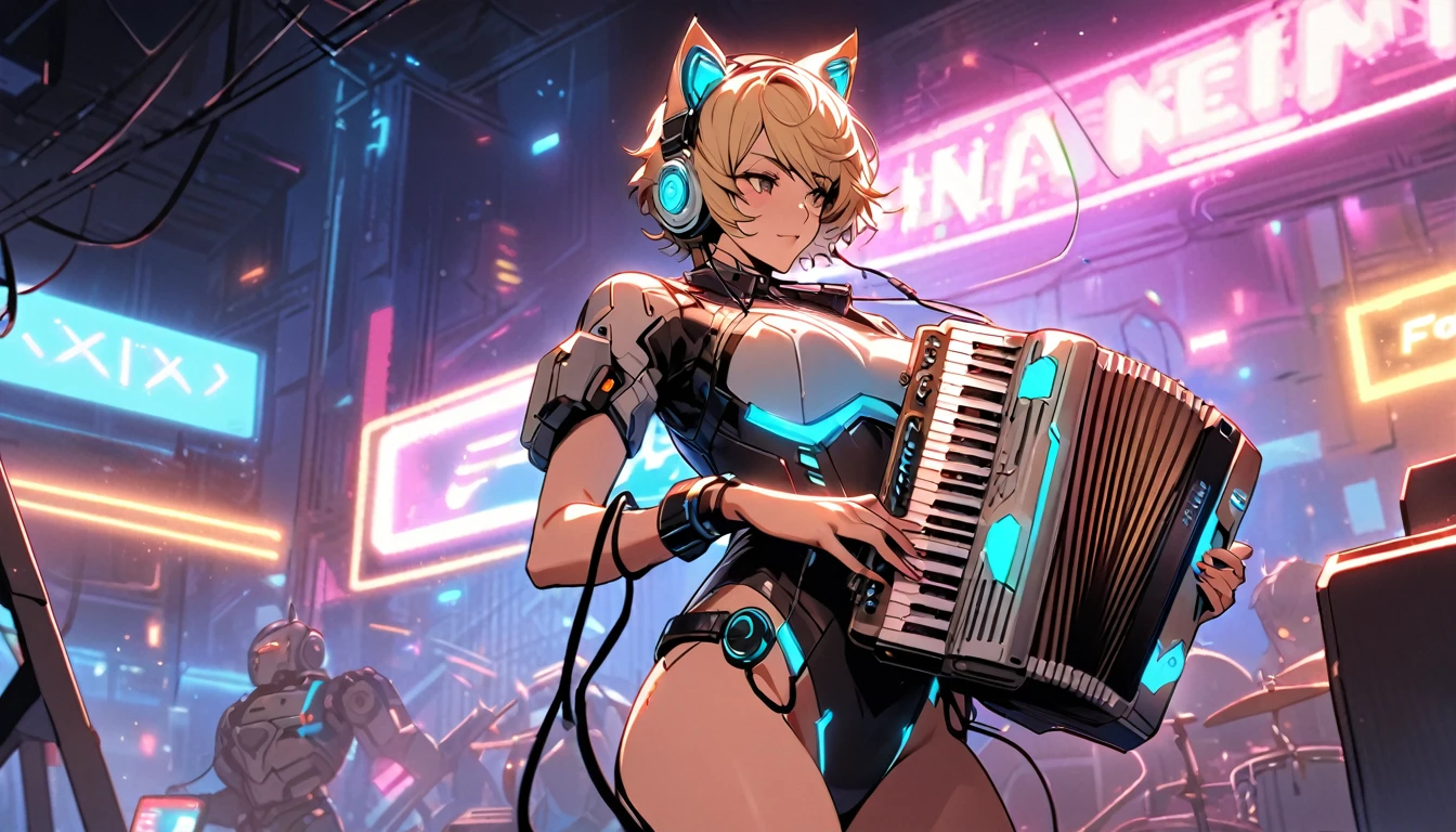 Beautiful single woman, sexy woman, manly short hair, pixie, blonde hair, glowing wires, headphones, cat ears and neon sci-fi robot leotard. Behind it is a robot with neon lights. The background image is a clearly visible large robot on a stage, playing music, playing the accordion.