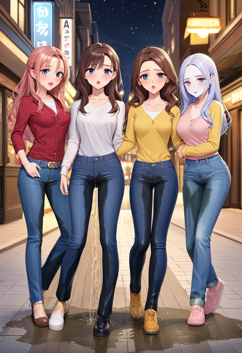 ((best quality, masterpiece:1.3, 8K)), (detailed), highly detailed face and skin texture, detailed eyes, downtown, night time, full body, (slender body:1.1), (a group of 3 girls:1.2), 25 years old, white skin, bright lips, scared. worried, embarrassed, long hair, (forehead:1.0), jeans pants, flares jeans, tight jeans, blue jeans, (wetting themself:1.5), desperation:1.5,