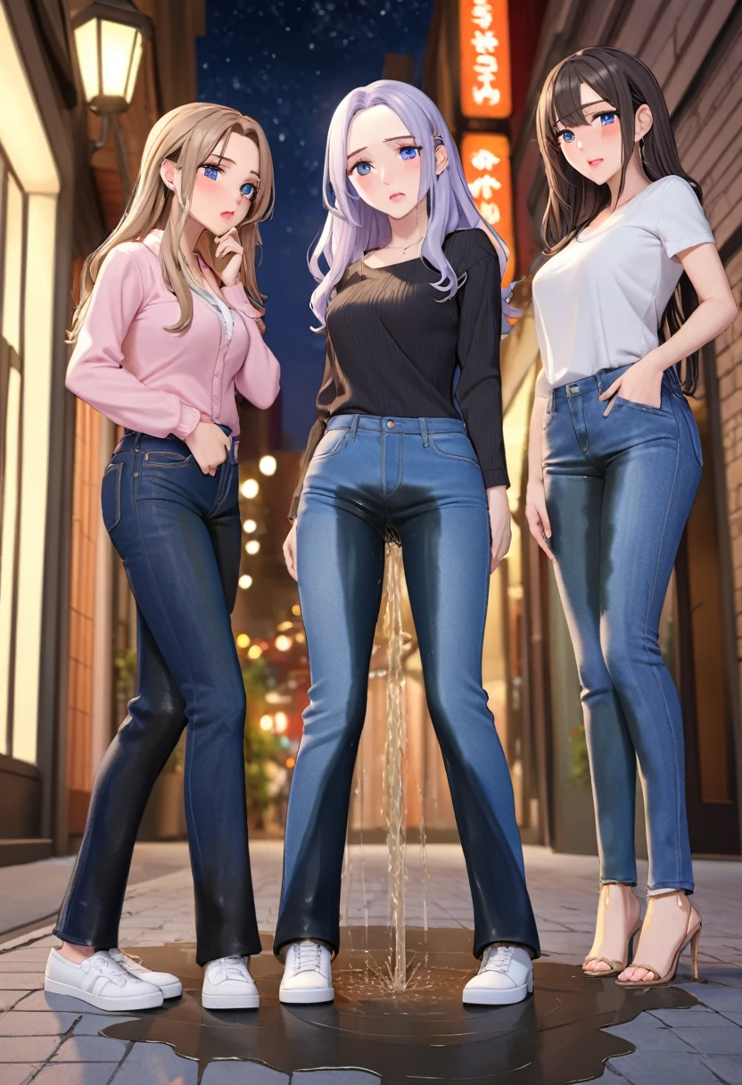 ((best quality, masterpiece:1.3, 8K)), (detailed), highly detailed face and skin texture, detailed eyes, downtown, night time, full body, (slender body:1.1), (a group of 3 girls:1.2), 25 years old, white skin, bright lips, scared. worried, embarrassed, long hair, (forehead:1.0), jeans pants, flares jeans, tight jeans, blue jeans, (wetting themself:1.5), desperation:1.5,