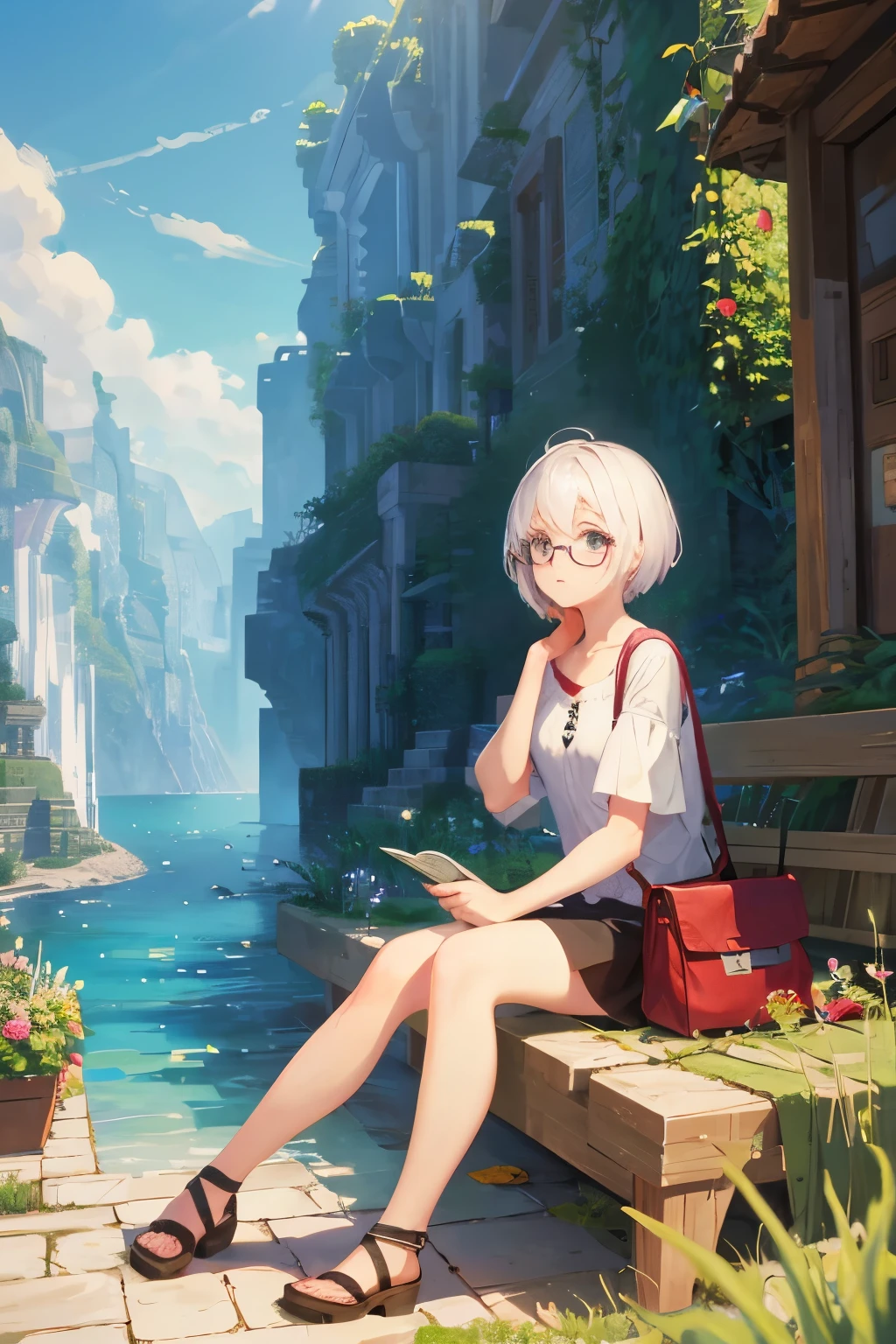 Sitting girl with white short hair and round glasses in the world of minecraft