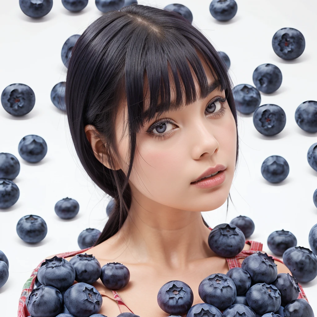 1girl, ((blueberry,fruits)),white background, black hair,