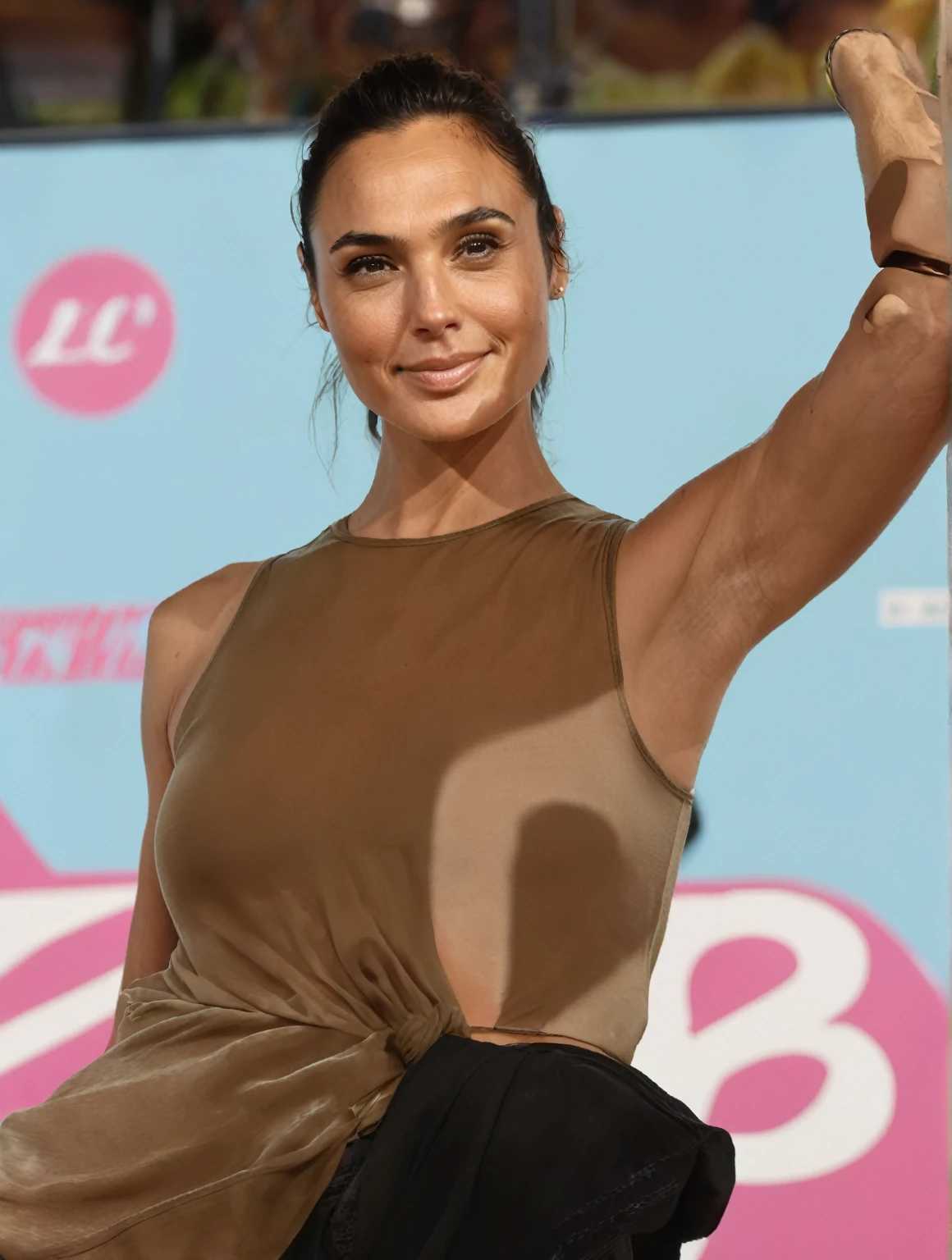 (high quality Erotic celebrity photograph ) ( galxgadt, pony ,GalGadot, exhausted , 45yo sexy woman,  at a  beach side  , smiling  ,( show her side , side boob tanktop  her  hair pulled back,pony tail,  incredibly sweaty light green  tank top, transparent tank top ) photorealistic ) , celebrity erotic photograph , oily skin ,   shiny sweaty skin , celebrity, female, woman, hollywood actress( perfect anatomy ,photorealistic  lights,  detailed face ,depth of field, insanely detailed skin texture, hyper detailed features, hyper photorealistic texture )