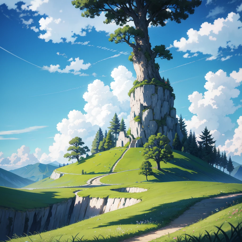anime scenery of a tree on a hill with a sky background, anime nature, anime nature wallpap, anime beautiful peace scene, anime countryside landscape, beautiful anime scenery, anime background, beautiful anime scene, anime scenery, anime background art, anime landscape, Beautiful trees, beautiful fluffy clouds. anime, anime landscape wallpaper, The scenery is very beautiful., scenery wallpaper