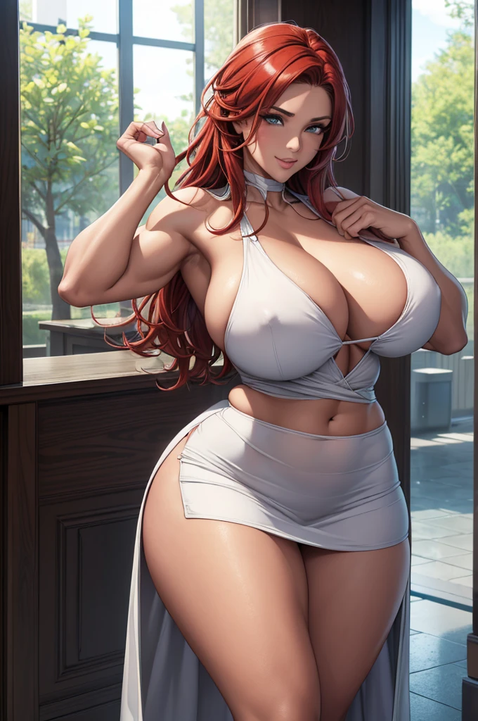 A front view of a woman, 32 years old, large breasts, wide hips, slim waist, long hair, wearing a lowcut dress, real skin texture, highly detailed eyes, realistic eyes, smiling at the viewer, atmospheric, photo-realistic, High resolution, 8k, HDR, 500px, FUJIFILM, posing lewdly for the viewer, lounging at the bar of a nightclub,（masterpiece:1.2, highest quality), (highly detailed face, real image, delicate skin tone realistic skin, realistic body,woman１，Authentic nude white student shirt with intricate details、student flare skirt，futuristic school background，bright red hair,messy hair,punk rock hair，boyish，full body shot，long eyelashes，expensive，huge cleavage，big bust，Extra large erect nipples standing pose，big hips, thick chest plate, beautiful feet, and a thin waist，pussy，clearware，whiten skin，student boots,A girl in a garden,illustration,beautiful detailed eyes,beautiful detailed lips,extremely detailed eyes and face,longeyelashes,green grass, blooming flowers,clear blue sky,sunshine(best quality,4k,8k,highres,masterpiece:1.2),ultra-detailed,realistic:1.37,portrait,vibrant colors,warm color tones,soft lighting,Muscle hypertrophy is significant, especially in the area of the biceps, which are large in size, which may be the result of strength training focused on the expansion of muscle mass. A woman's waist is noticeably narrower in relation to her shoulders, which creates the 'V-taper' effect desired in bodybuilding, i.e. a shape resembling the letter "V" created by the shoulder line leading into a narrow waist. The skin on the arms is smooth and the muscle tone under the skin is clearly visible. Light reflections on the skin suggest that it is smooth and slightly oiled or moist, the 'muscle belly' of the biceps more rounded forms, which may indicate a greater amount of fat tissue, giving the figure a softer and fuller shape Bulk body type well-defined abdominal oblique muscles, 1. **Biceps**: 36 cm in circumference 2. **Chest**: 100 cm circumference 3. **Waist**