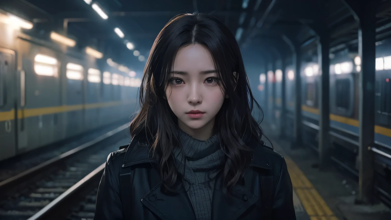 anime character in a dark subway station with a train coming in, realistic anime 3 d style, realistic artstyle, artwork in the style of guweiz, urban girl fanart, realistic art style, digital anime illustration, 🤤 girl portrait, realistic anime artstyle, detailed digital anime art, realistic anime art style, detailed portrait of anime girl, made with anime painter studio