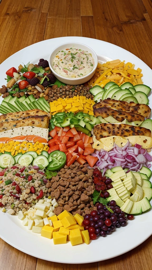 Colorful and Varied Keto Lunch Platter: A beautifully arranged platter with various keto-friendly foods, such as -70-75% of healthy fats
-20-25% from protein
-5-10% from carbohydrates